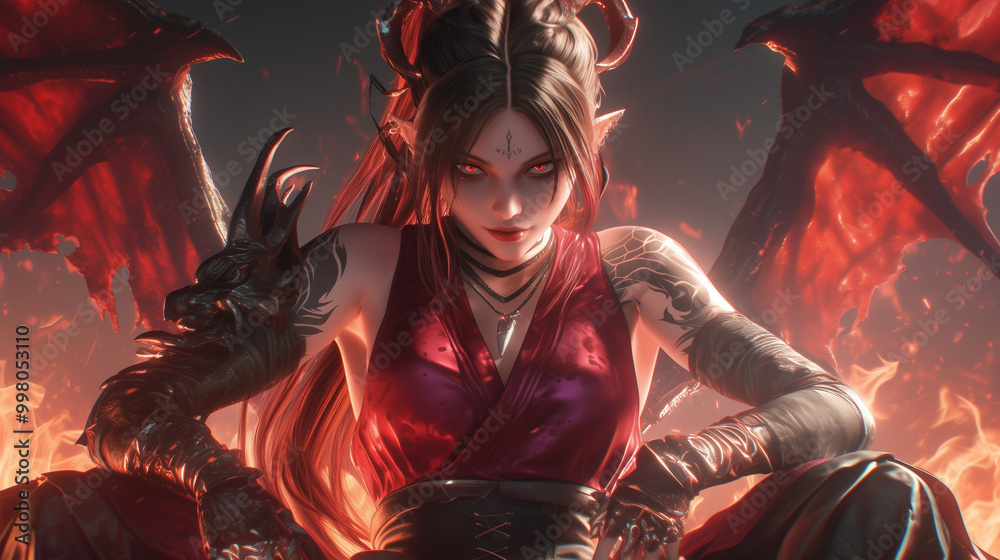 fiery demoness perched atop a hellish throne, her crimson gaze piercing the abyss fiery demoness perched atop a hellish throne, her crimson gaze piercing the abyss