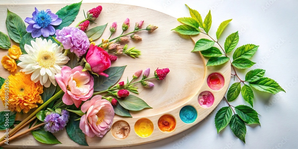 Naklejka premium floral watercolor painting on canvas with palette