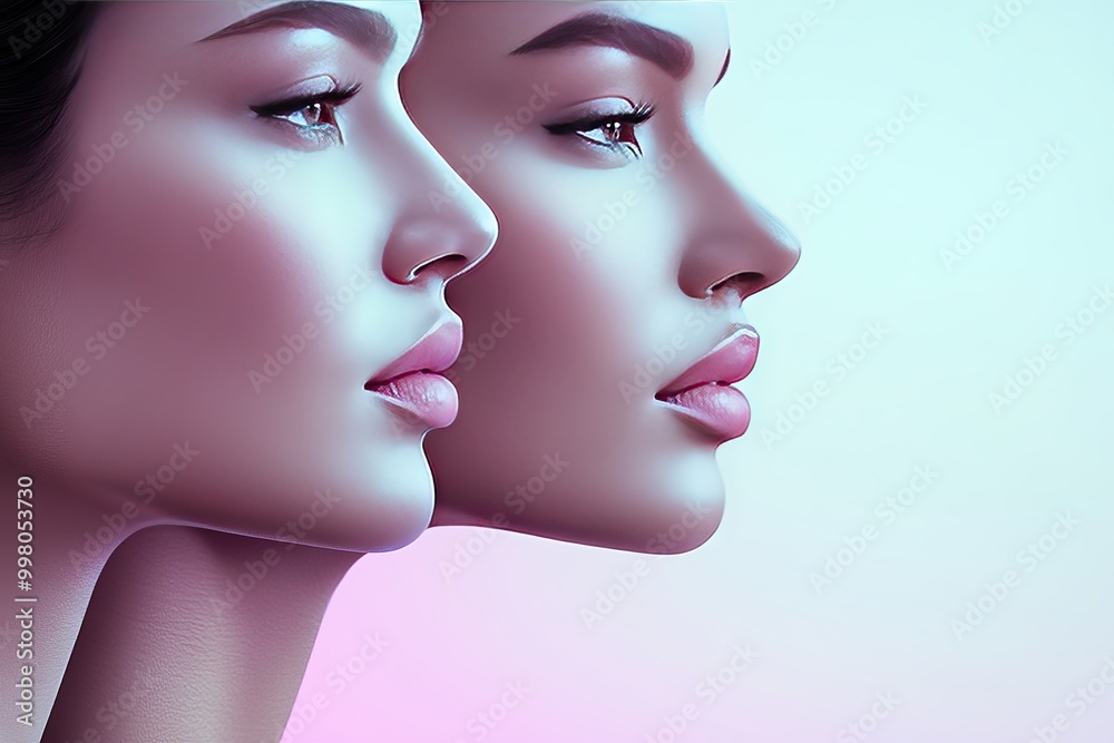 Elegant side profile portrait of two women with soft lighting and pastel colors symbolizing beauty femininity and connection in a serene modern design Elegant side profile portrait of two women with soft lighting and pastel colors symbolizing beauty femininity and connection in a serene modern design