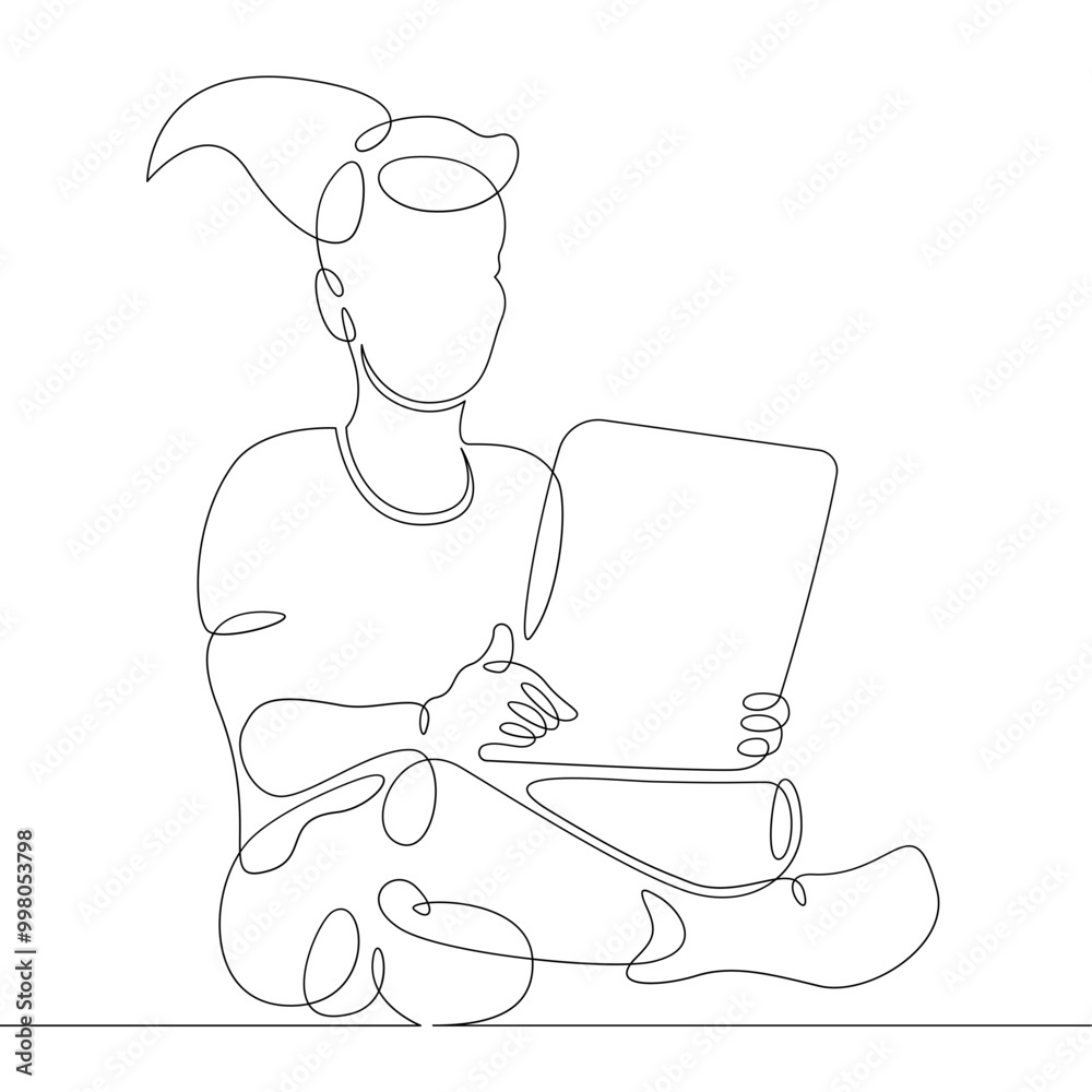One continuous line.The child plays at the laptop. A teenager sits on the Internet. The kid uses a gadget.One continuous drawing line logo isolated minimal illustration.