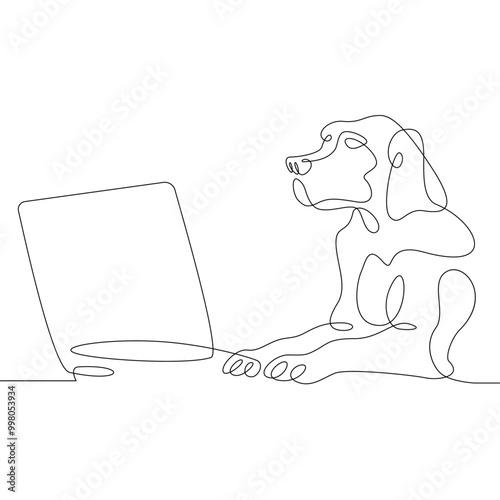 Dog logo. A dog sits with a laptop. A pet with a computer.One continuous line .One continuous drawing line logo isolated minimal illustration.