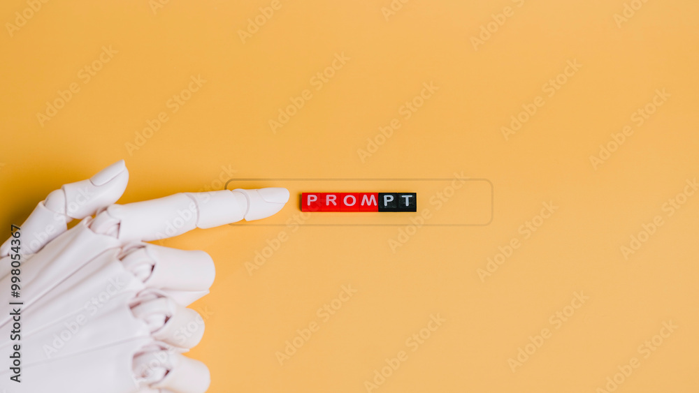 Hand robot point to text prompt, artificial intelligence (Ai) Search engine command prompt for search data, command prompt for generates something, Futuristic technology