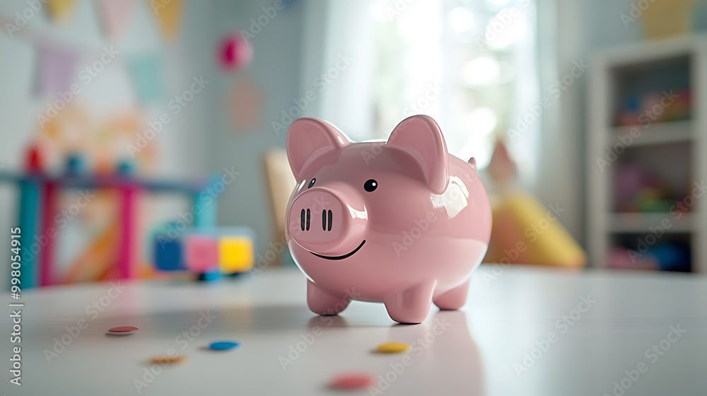 Pink piggy bank on white table in children room. 3d rendering Pink piggy bank on white table in children room. 3d rendering