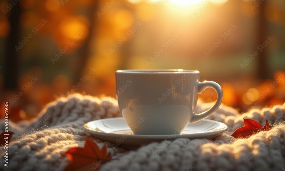 White cup of coffee on a knitted blanket in the park or garden, trees and autumn leaves in the bokeh background. Sunlight creates a soft glow, giving the picture a warm and cozy look. Generative AI White cup of coffee on a knitted blanket in the park or garden, trees and autumn leaves in the bokeh background. Sunlight creates a soft glow, giving the picture a warm and cozy look. Generative AI