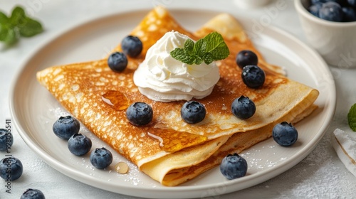 delicious homemade crepes with blueberries, whipped cream, and honey on a white platter perfect for a breakfast concept banner