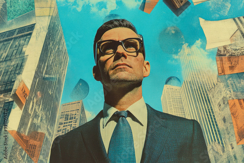 A suited figure with an abstracted face stands tall against a surreal, collaged cityscape, invoking themes of modernity and anonymity.