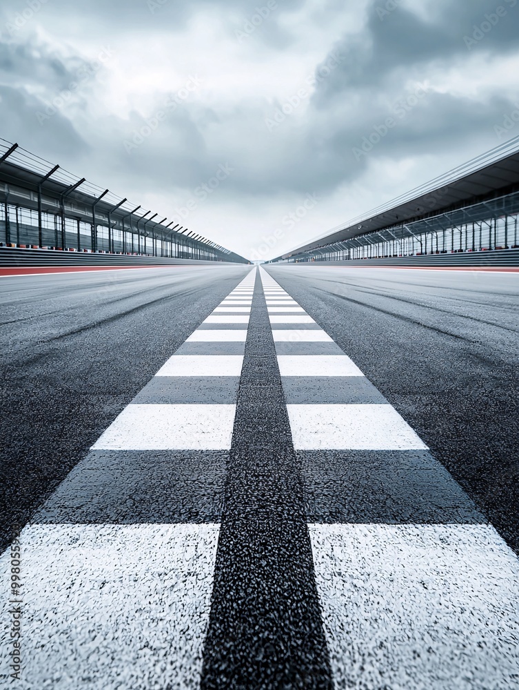 The finish line of a racetrack with no cars in sight, signifying the ...