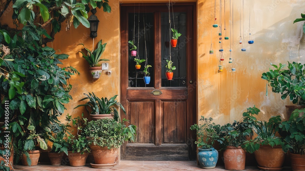 The front door of a house, angled slightly open, surrounded by various plants in terracotta pots and colorful wind chimes twinkling in the breeze The front door of a house, angled slightly open, surrounded by various plants in terracotta pots and colorful wind chimes twinkling in the breeze