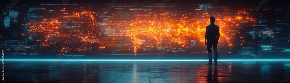 Fototapeta premium A person stands before a glowing digital world map display.