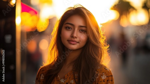 A young woman with long brown hair smiles at the camera during the golden hour in a city setting.