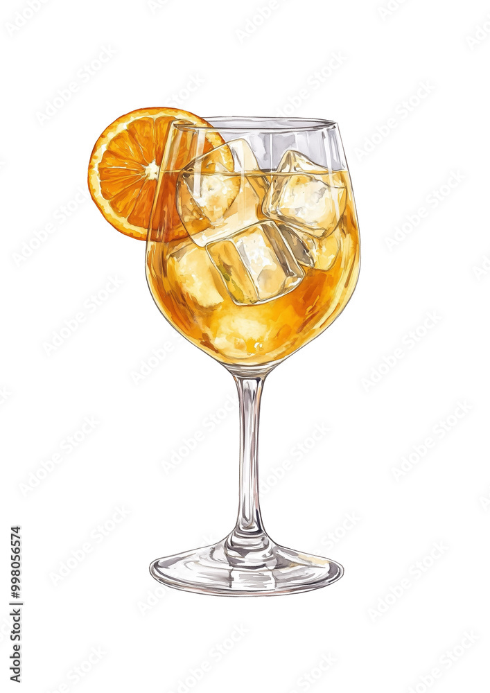 Glass with Aperol Spritz cocktail, with ice, garnished with an orange slice, illustration Glass with Aperol Spritz cocktail, with ice, garnished with an orange slice, illustration