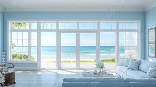 A coastal living room with light blue walls, white trim, and a view of the ocean through large windows