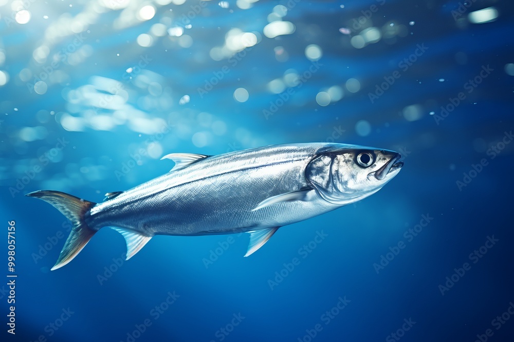 Silver fish swims gracefully in the deep blue ocean waters during daylight hours Silver fish swims gracefully in the deep blue ocean waters during daylight hours