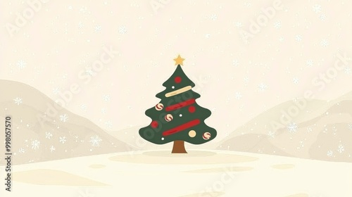 Snowy Christmas Landscape with Decorated Christmas Tree