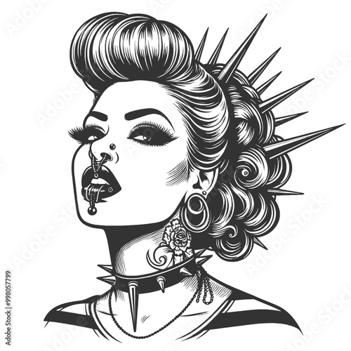 punk woman with spiked hair, multiple piercings, and a fierce expression sketch engraving generative ai fictional character vector illustration. Scratch board imitation. Black and white image.