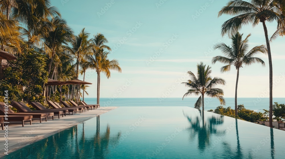Tranquil Oasis: Outdoor Pool with Palm Trees, Sun Loungers, and Ocean View Tranquil Oasis: Outdoor Pool with Palm Trees, Sun Loungers, and Ocean View