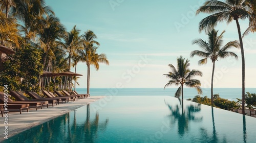 Tranquil Oasis: Outdoor Pool with Palm Trees, Sun Loungers, and Ocean View