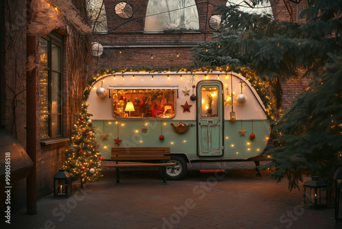 caravan with lights and lanterns in a chrismas decor , with a bench in front of the caravan  photo