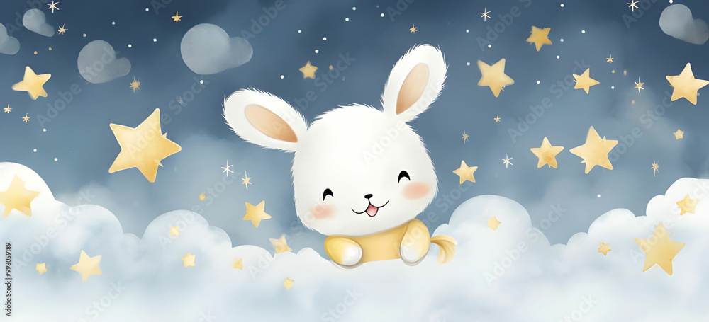 Paint cute smiling stars that accompany the baby rabbit on its flying adventure, creating a charming and friendly atmosphere Paint cute smiling stars that accompany the baby rabbit on its flying adventure, creating a charming and friendly atmosphere