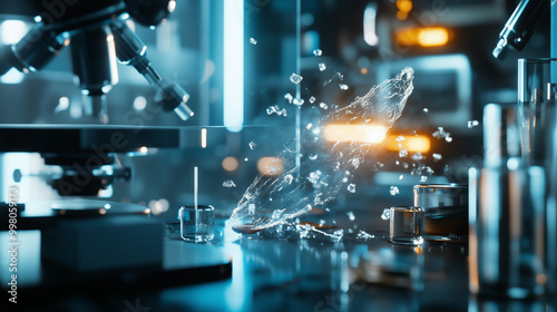 Microscopic view of glowing particles decaying into smaller fragments, symbolizing particle decay in a physics lab setting with scientific instruments and equipment in the background.