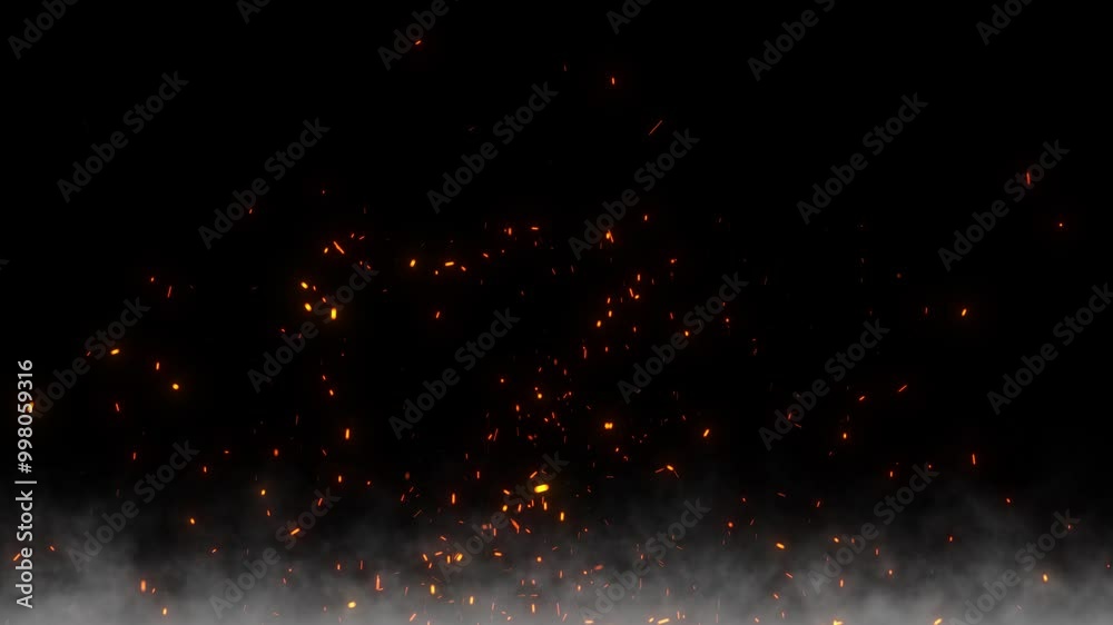 Flying sparks and coals from a fire with realistic smoke. abstract glowing particles of burning fire on a black background, bonfire flares