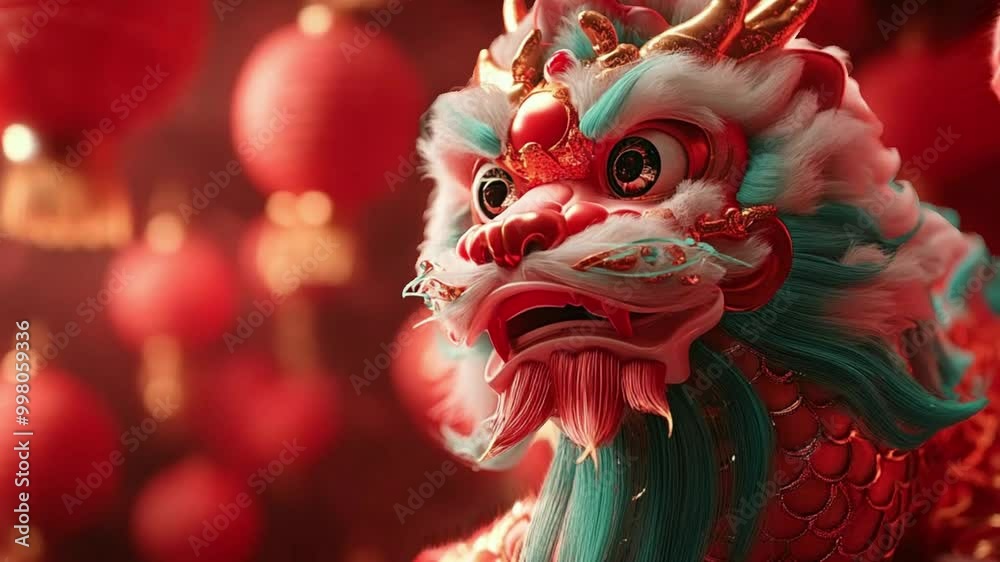 A dragon with a blue and green tail is standing in front of a red background. The dragon is surrounded by red lanterns, which give the scene a festive and celebratory mood A dragon with a blue and green tail is standing in front of a red background. The dragon is surrounded by red lanterns, which give the scene a festive and celebratory mood