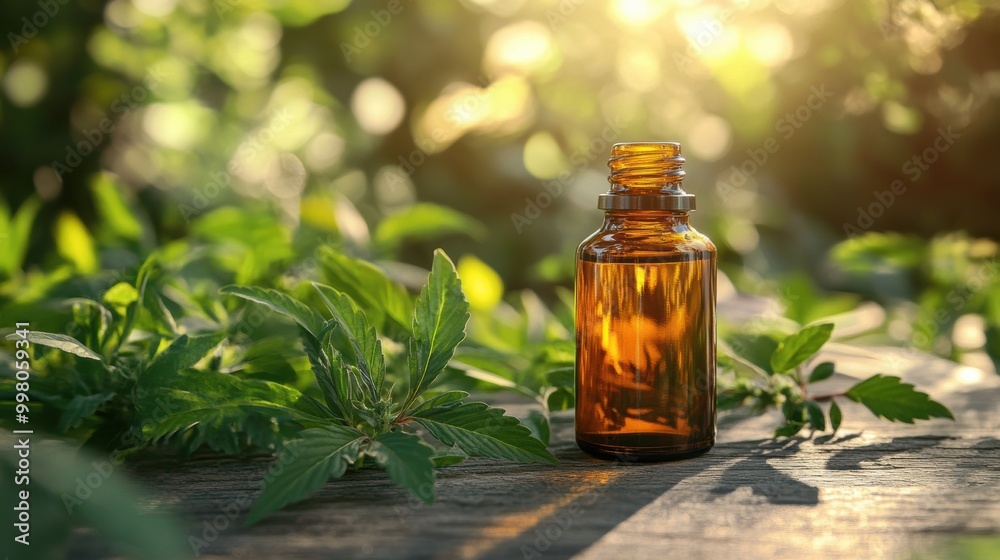 an organic hemp oil bottle placed on a wooden table against a backdrop of green leaves, illustrating a natural wellness concept in a banner design an organic hemp oil bottle placed on a wooden table against a backdrop of green leaves, illustrating a natural wellness concept in a banner design