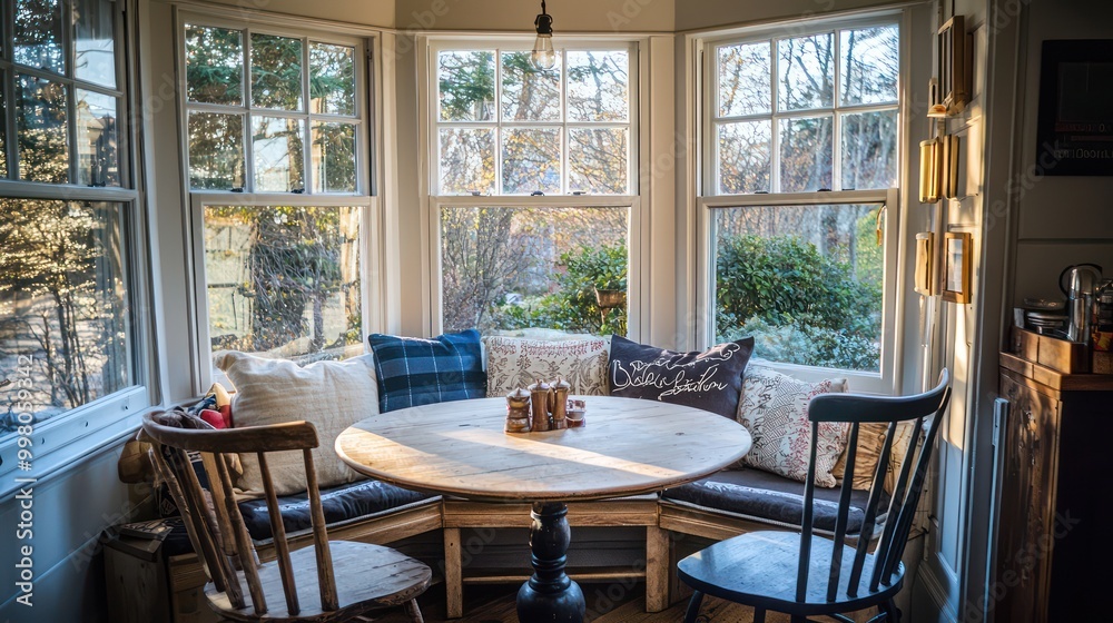 Obraz premium A cozy, cottage-style breakfast nook with bay windows, a round table, and mismatched chairs