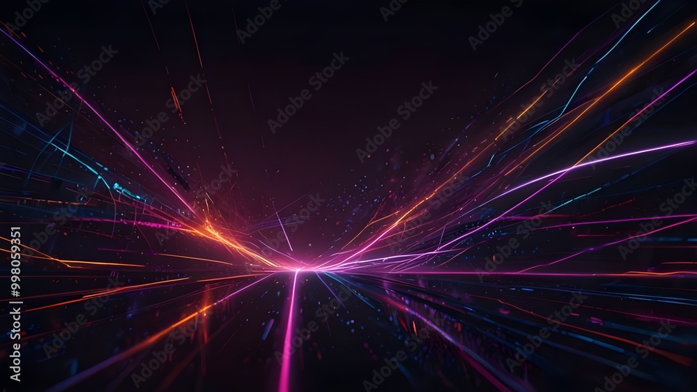 Dark abstract futuristic background with ultraviolet neon glow. Laser neon lines, waves, particle explosion Generative AI