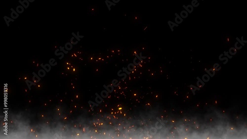 Flying sparks and coals from a fire with realistic smoke. abstract glowing particles of burning fire on a black background, bonfire flares
