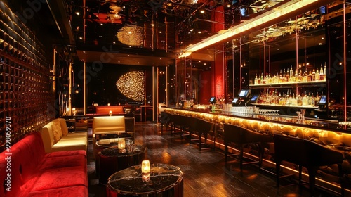 Elegant Cocktail Bar with Sophisticated Drinks, Plush Seating, and Ambient Lighting for a Luxurious Night Out