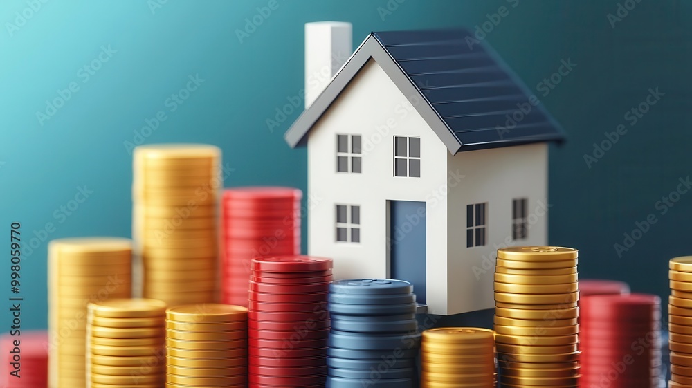 A model house surrounded by colorful stacks of coins, symbolizing investment.