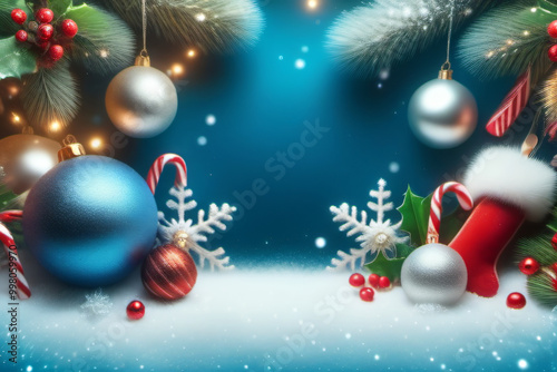 Postcard Christmas Background with Festive Ornaments in the Corners photo