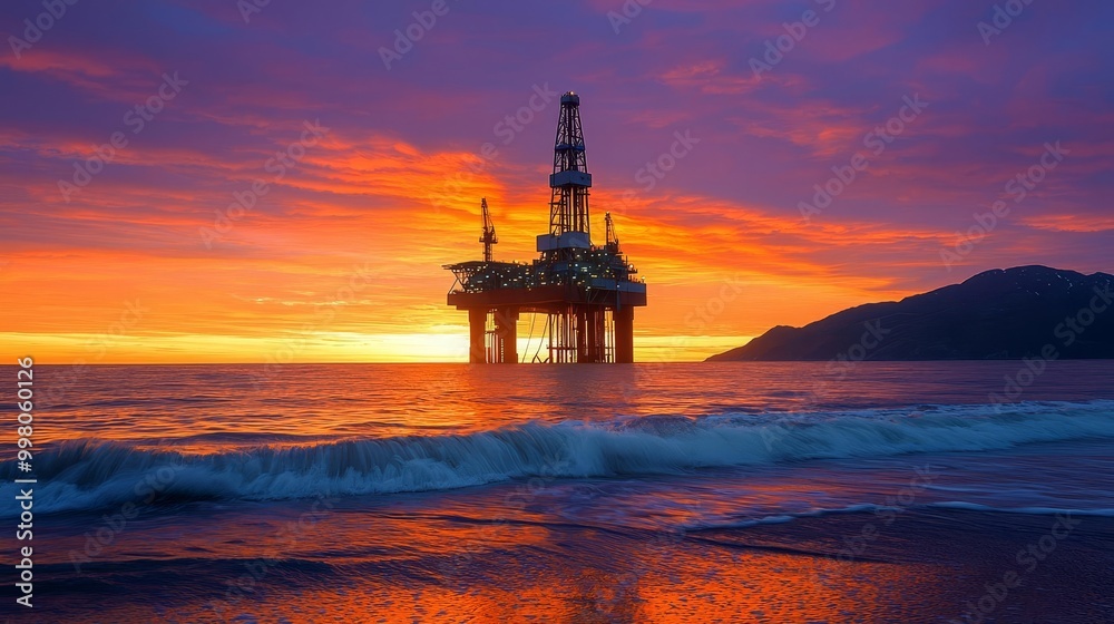 Fototapeta premium Oil rig at sunset, colorful sky reflecting on ocean waves.
