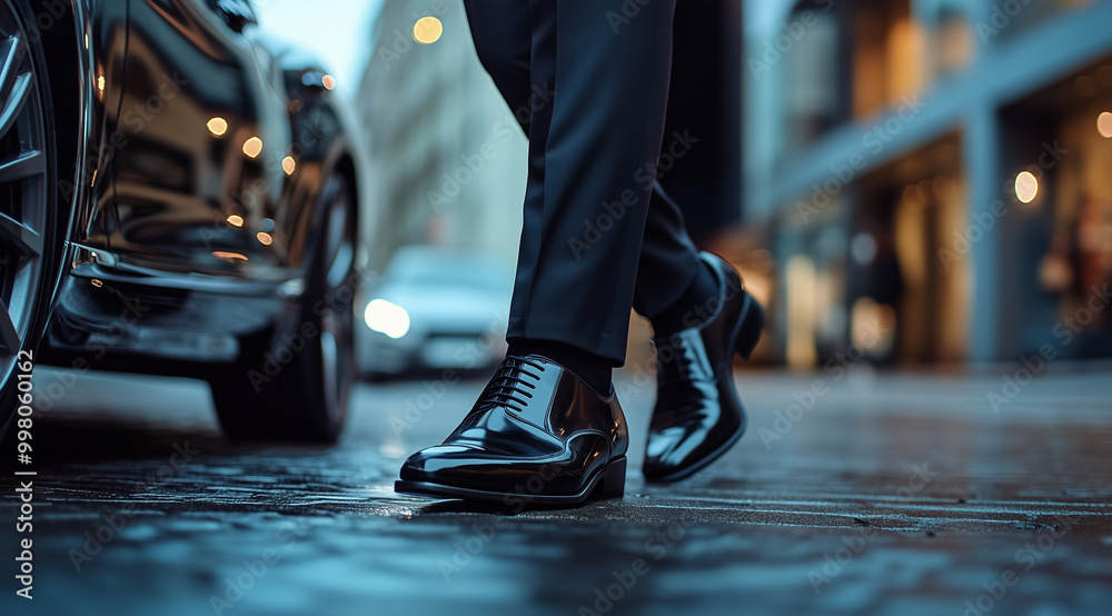 Fototapeta premium close up of man wearing black shoes stepping out from luxury car, business suit, blurry background, car on the left side of frame,