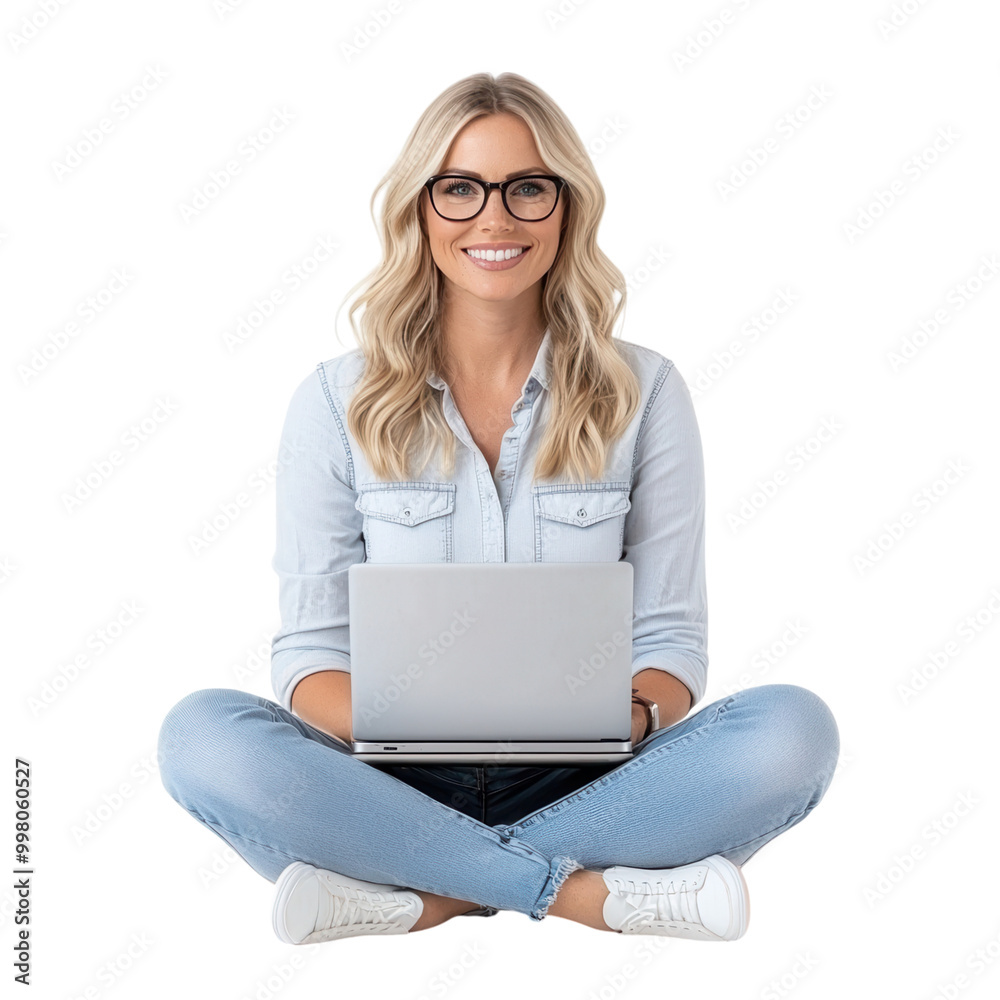 A cheerful woman sitting cross-legged with a laptop, showcasing modern remote work and casual lifestyle at home. on transparent cutout, PNG file A cheerful woman sitting cross-legged with a laptop, showcasing modern remote work and casual lifestyle at home. on transparent cutout, PNG file