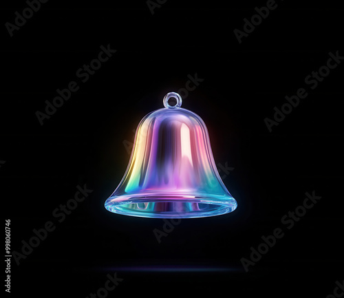 3d bell icon isolated on black background. Realistic render hologram ringing bell.