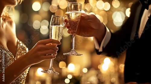 Elegant Couple Toasting with Champagne in Luxurious Setting to Celebrate Success and Prosperity