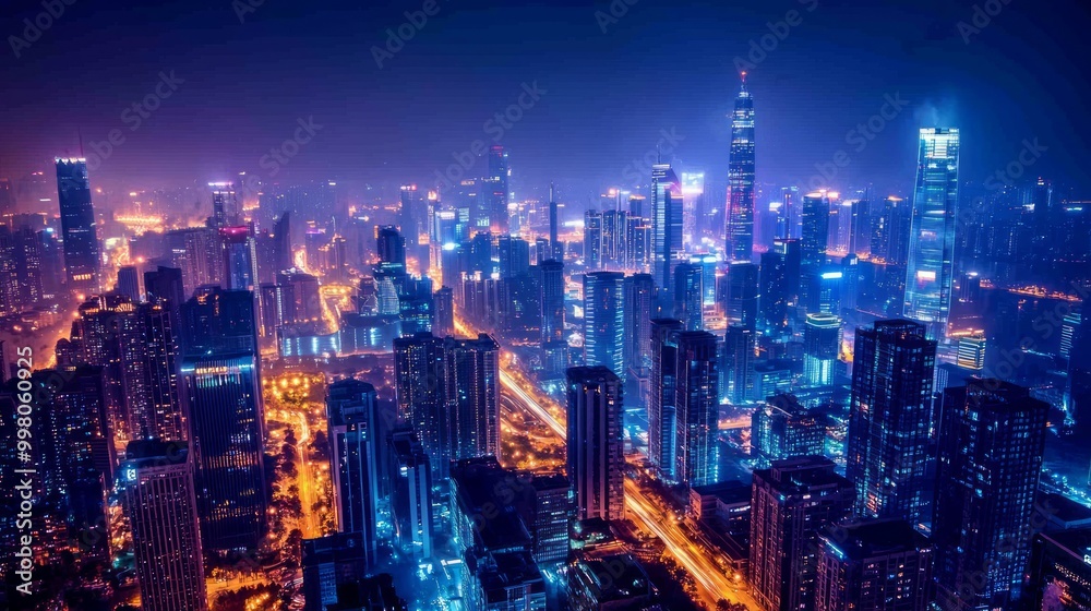 Illuminated Urban Wealth - A Vibrant Cityscape of Night Lights and Skyscrapers Illuminated Urban Wealth - A Vibrant Cityscape of Night Lights and Skyscrapers