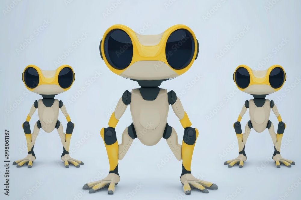 Three Cute Cartoon Robot Frogs Standing in a Row Three Cute Cartoon Robot Frogs Standing in a Row