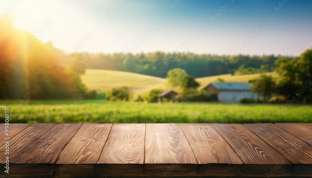 Wood tabletop on sunny farm background. Empty countertop in nature for product. Podium mockup food presentation template.
Wood tabletop on sunny farm background. Empty countertop in nature for product. Podium mockup food presentation template.