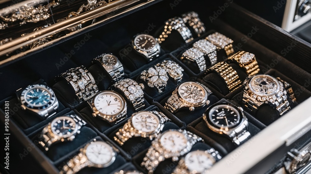 A drawer is completely filled with an assortment of watches and bracelets A drawer is completely filled with an assortment of watches and bracelets