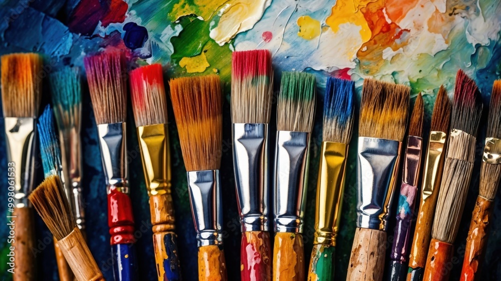 Fototapeta premium Paint brushes are lined up in front of a paint palette