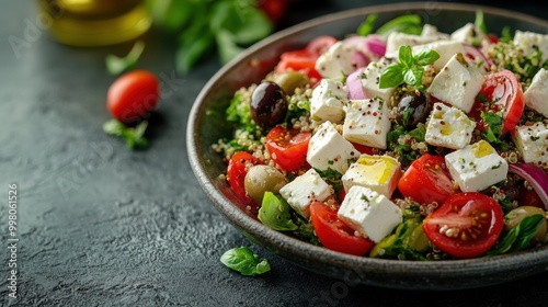 banner promoting mediterranean cuisine with a tasty quinoa salad featuring feta cheese and olives