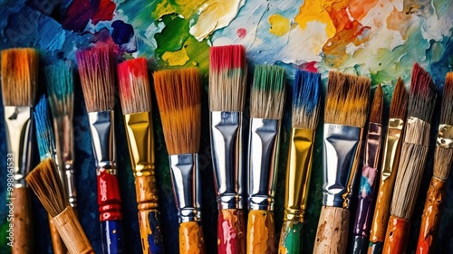 Paint brushes are lined up in front of a paint palette