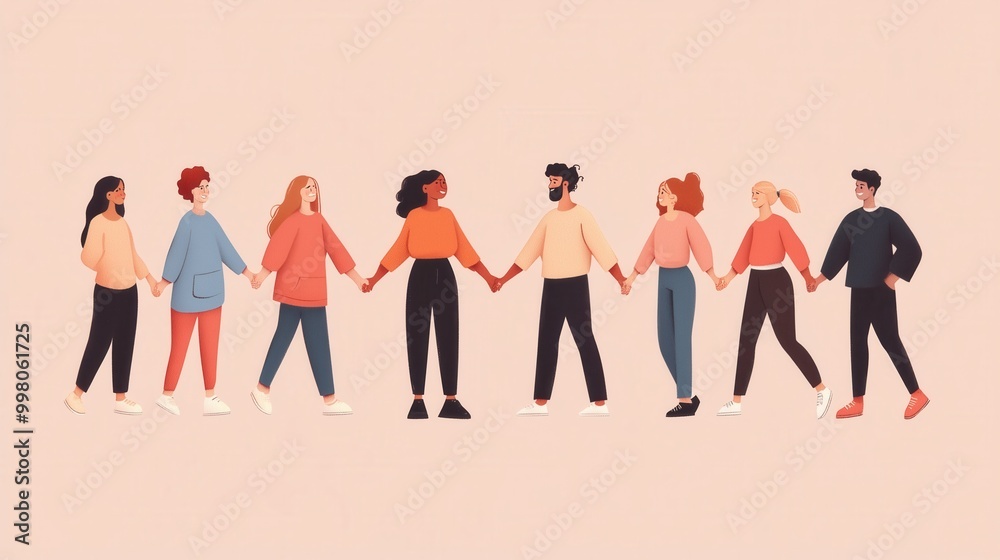 Digital illustration of multi ethnic, different genders and ages people holding hands in unity. International Human Rights Day poster in trendy, minimalist aesthetic. Flat illustration Digital illustration of multi ethnic, different genders and ages people holding hands in unity. International Human Rights Day poster in trendy, minimalist aesthetic. Flat illustration