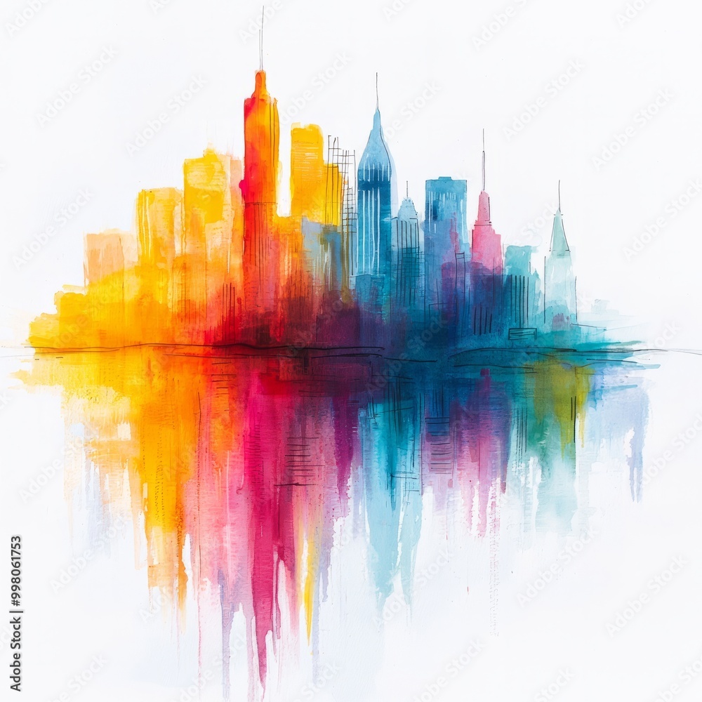 Watercolor painting of abstract city buildings reflected in water, on isolated white background Watercolor painting of abstract city buildings reflected in water, on isolated white background