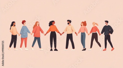 Digital illustration of multi ethnic, different genders and ages people holding hands in unity. International Human Rights Day poster in trendy, minimalist aesthetic. Flat illustration 