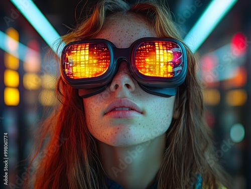 A person wearing futuristic goggles with glowing lenses.