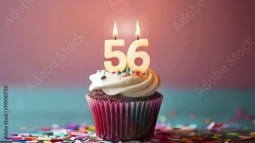 Birthday cupcake with burning lit candle with number 56. Number fiftysix for fifty years or fifty-sixth anniversary. photo